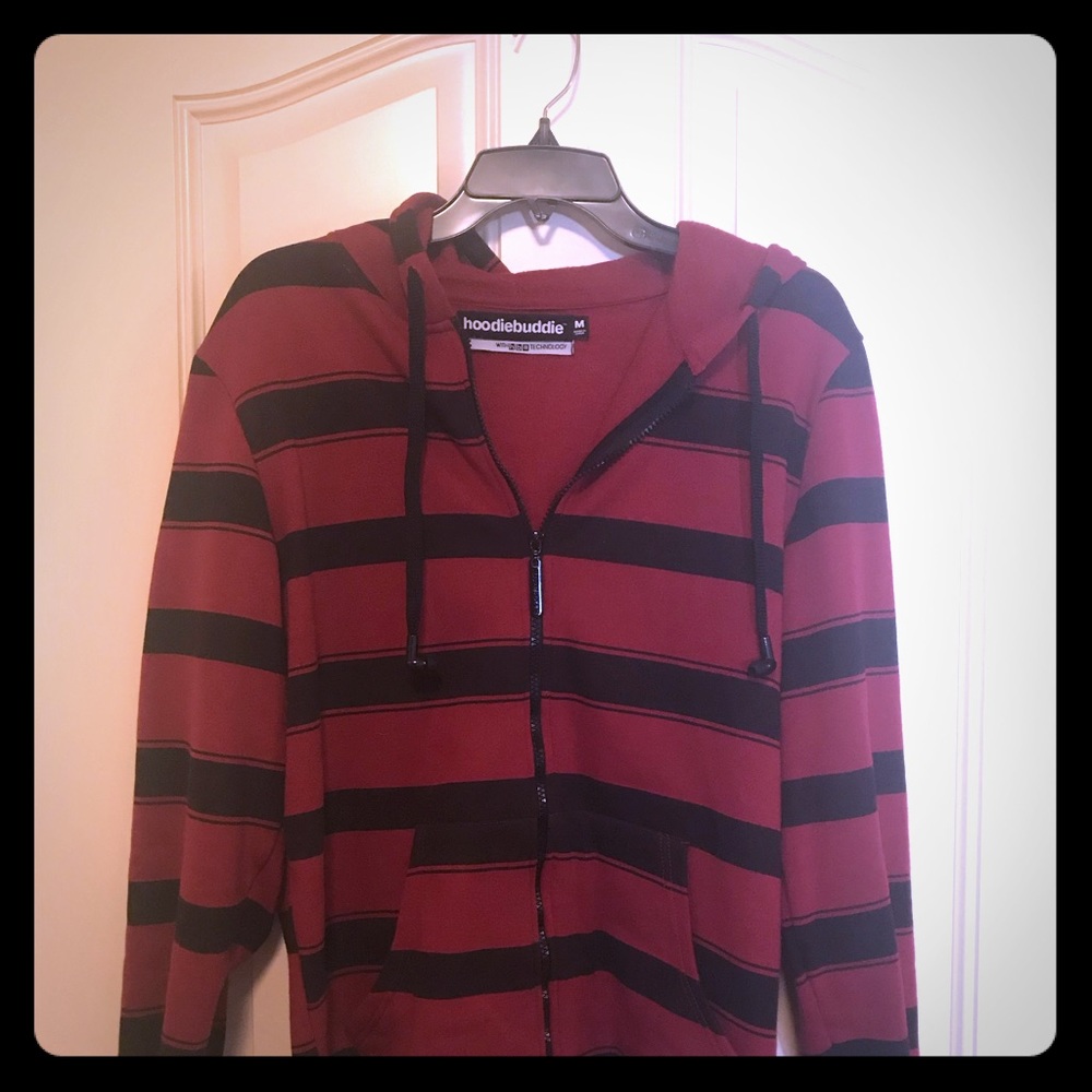 Red/Black stripped hoodie with ear buds